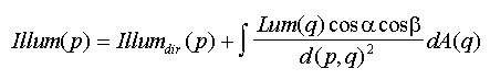 Illum(p) = Illum_dir(p) + int Lum(q) * cos(\alpha) * cos(\beta) / d(p, q)^2 dA(q)
